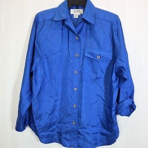 Vintage Josephine Royal Blue Silky Button Down Blouse - Size M